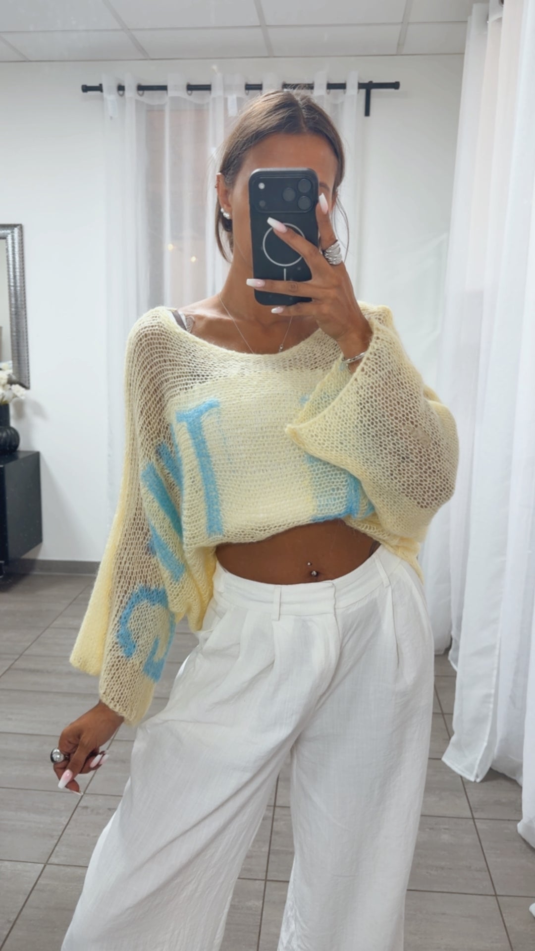 Leichter Statement Strick Pullover / soft gelb - hell blau Art.15648