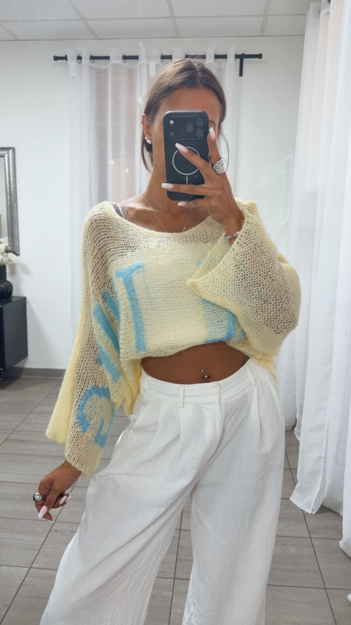 Leichter Statement Strick Pullover / soft gelb - hell blau Art.15648