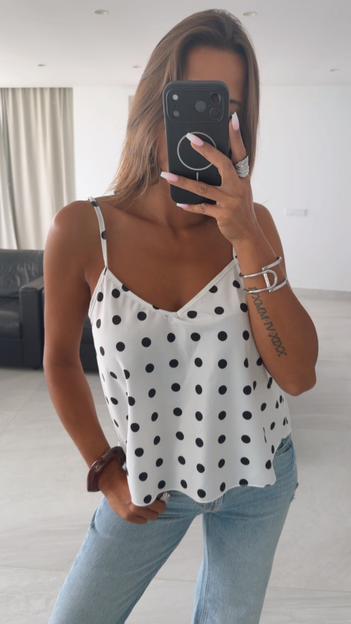 PUNKTE Satin Look Top / weiss - schwarz Art. 15945