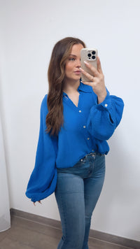 KURZE Oversize Musselin Bluse BALLONÄRMEL / royal blau Art. 14720