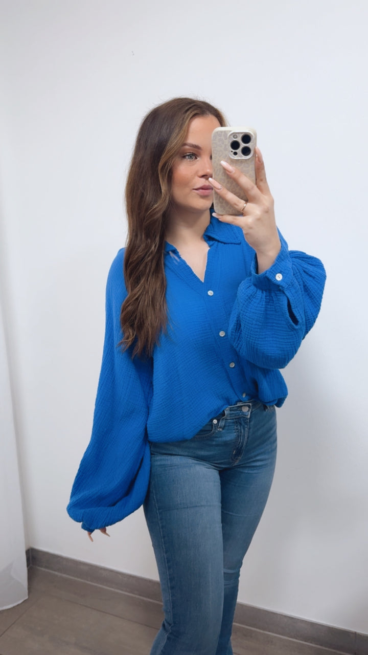 KURZE Oversize Musselin Bluse BALLONÄRMEL / royal blau Art. 14720