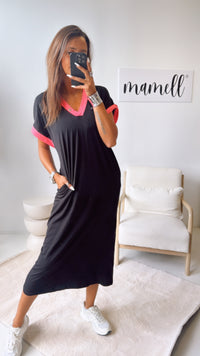(Maxi-) T-shirt Kleid, abgesetzte Ärmel / schwarz - pink Art. 10825
