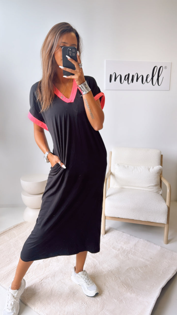 (Maxi-) T-shirt Kleid, abgesetzte Ärmel / schwarz - pink Art. 10825