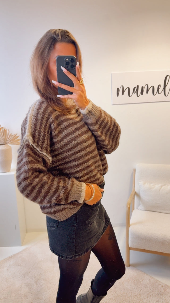 kurzer Kuschel Pullover, gestreift / braun meliert - Schoko braun Art. 12757 KHX