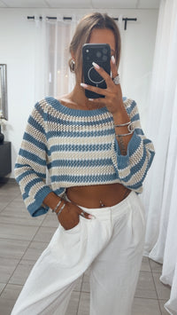 Luftiger, fester Streifen Strick Pullover / denim blau - beige - weiß Art.15655