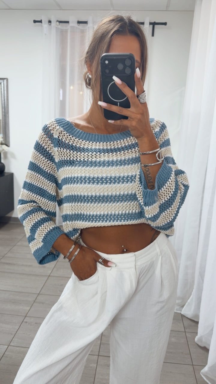 Luftiger, fester Streifen Strick Pullover / denim blau - beige - weiß Art.15655