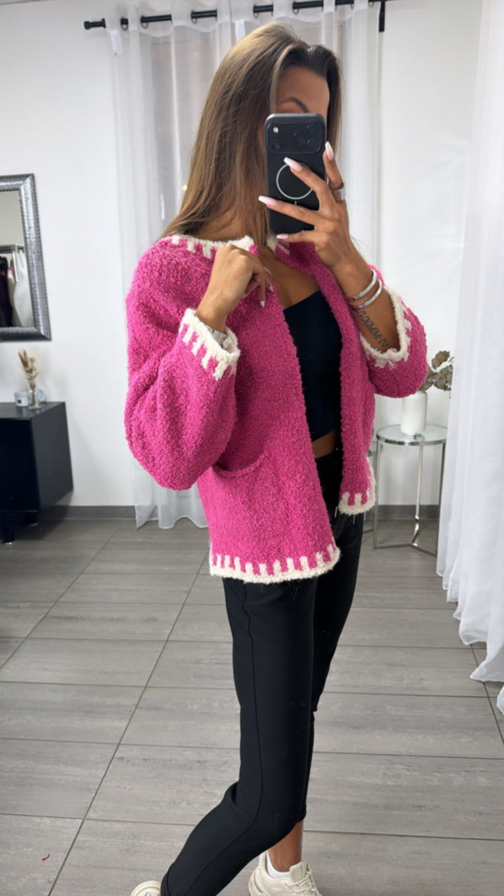 Strick Cardigan in Bouclé-Optik mit Akzenten / pink - creme Art.16311