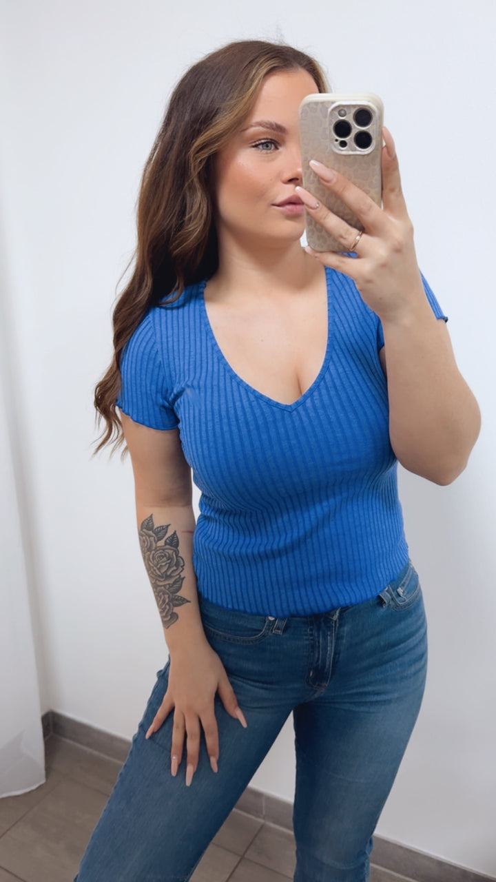 V-Ausschnitt Ripp T-Shirt / royal blau Art.14705
