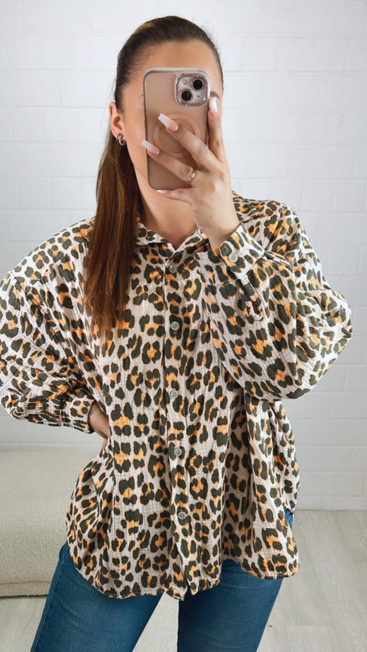 LEO KURZE Oversize Musselin Bluse / beige - khaki - orange Art. 10147