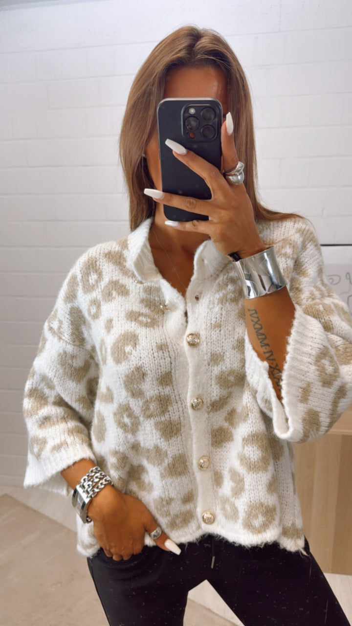 KURZÄRMELIGER LEO Strick Cardigan mit gold - silbernen Knöpfen / weiss - beige Art. 10805