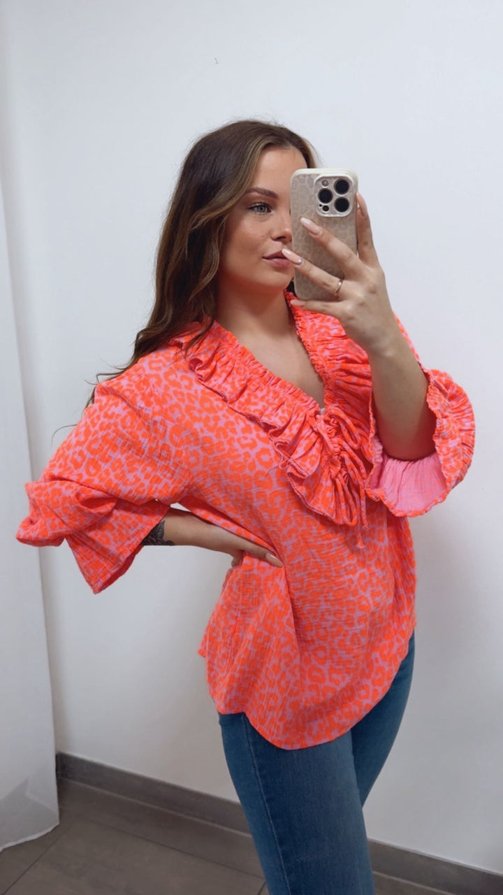 LEO Musselin Bluse mit Volant Ausschnitt / rosa - orange Art. 14734
