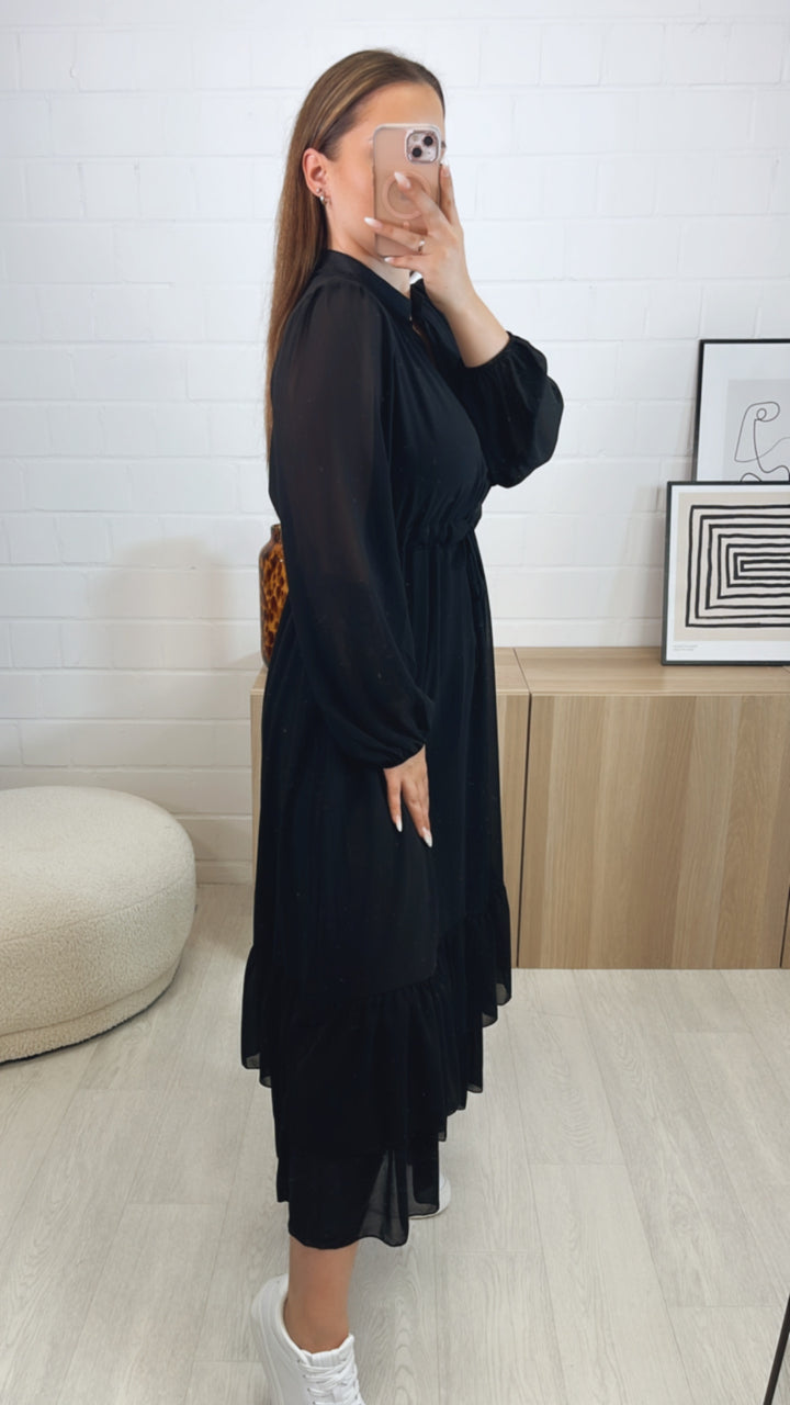 (Maxi-) Chiffon Kleid mit verstellbarer Taille / schwarz Art. 9786