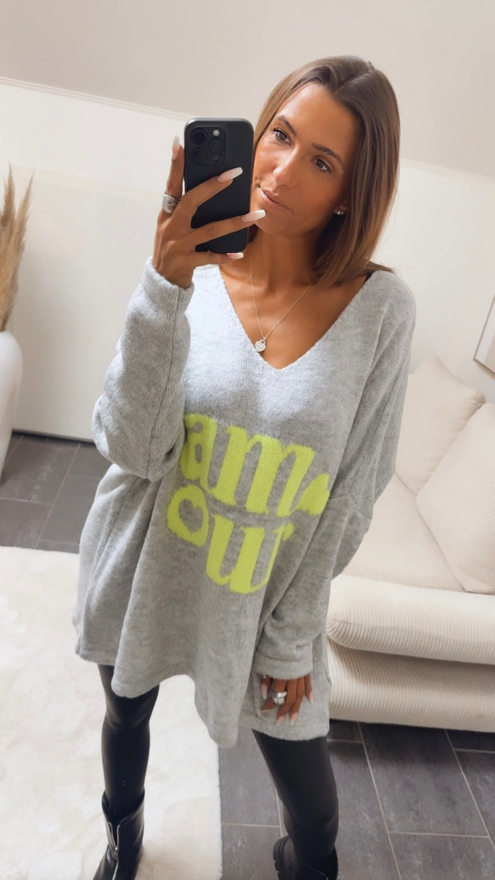 weiter Strick Pullover " Amour " / grau - neon gelb Art. 12516