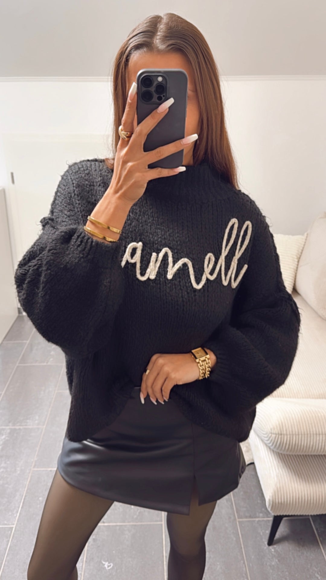ORIGINAL mamell Midi Kuschel Pullover schwarz beige 8529