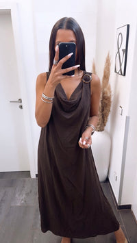 Maxi Kleid mit Wasserfall Ausschnitt / dunkel braun Art. 15477