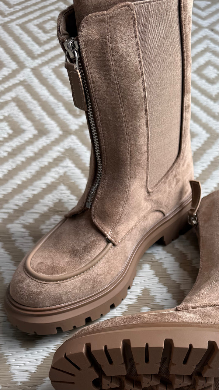 VELOURS Optik Zip-Boots, mit vorderem Reißverschluss " A-1009 " / taupe Art. 16425