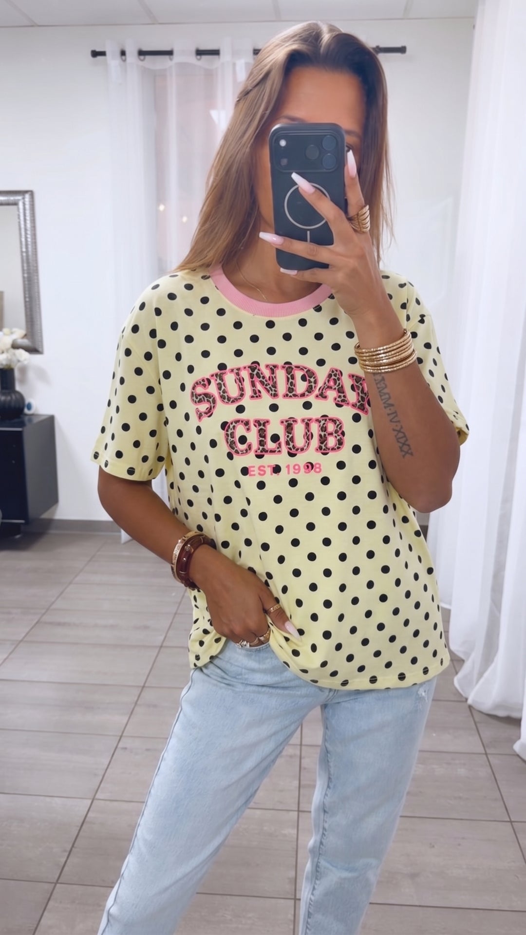 PUNKTE Shirt " Sunday Club " / soft gelb - schwarz - soft rosa Art. 15844