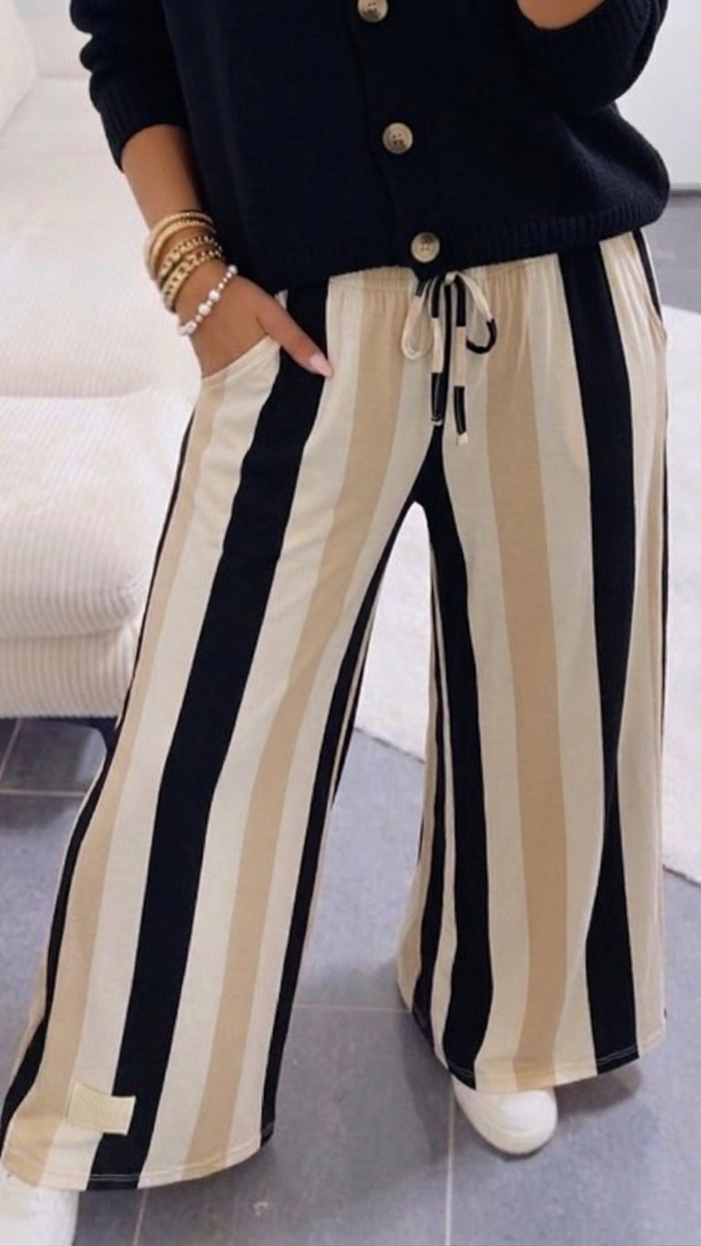 Softe STREIFEN Stoff Hose / beige - weiß - schwarz Art. 15664