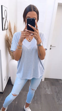 STREIFEN T-shirt Oberteil mit V-Ausschnitt / blau - weiss gestreift Art.16100