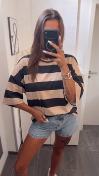 Oversize Butterstoff Shirt mit STREIFEN / schwarz - light karamell Art. 15887