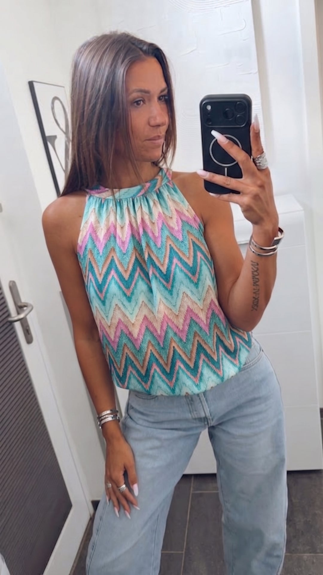 ZICKZACK ärmelloses Top / hell blau - aqua - pink - beige Art. 15457