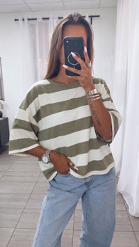 Oversize Butterstoff Shirt mit STREIFEN / creme - soft khaki Art. 15884