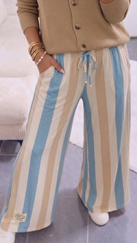 Softe STREIFEN Stoff Hose / hell blau - beige - weiss Art. 16069