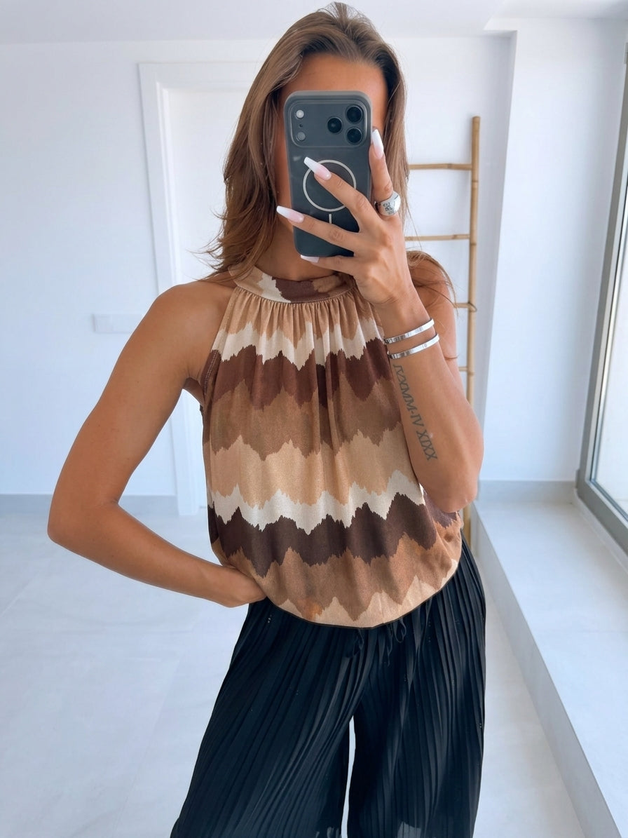 HORIZONT Muster ärmelloses Top / beige - cappuccino - creme - braun Art. 15730