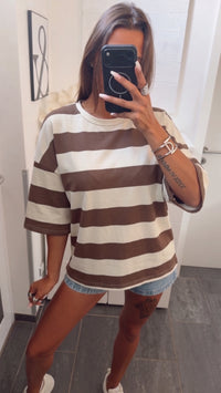 Oversize Butterstoff Shirt mit STREIFEN / creme - taupe Art. 15883