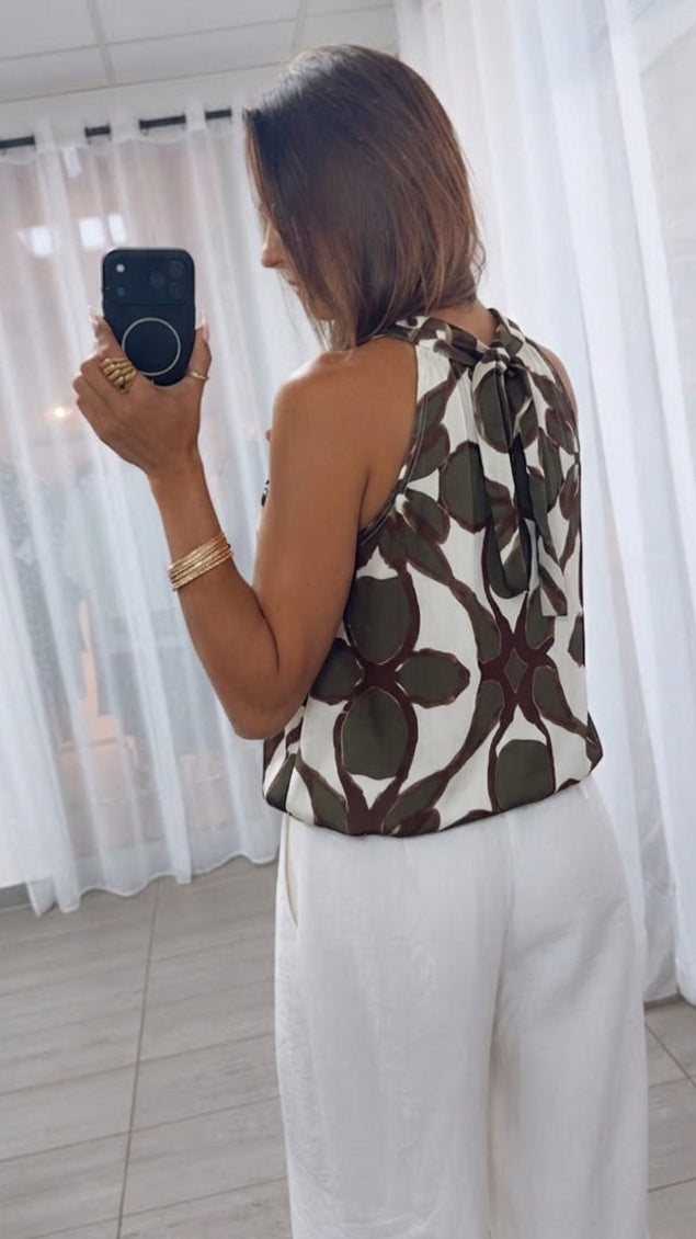 BOHO SPIRIT ärmelloses Top / weiss - khaki - braun Art. 15539