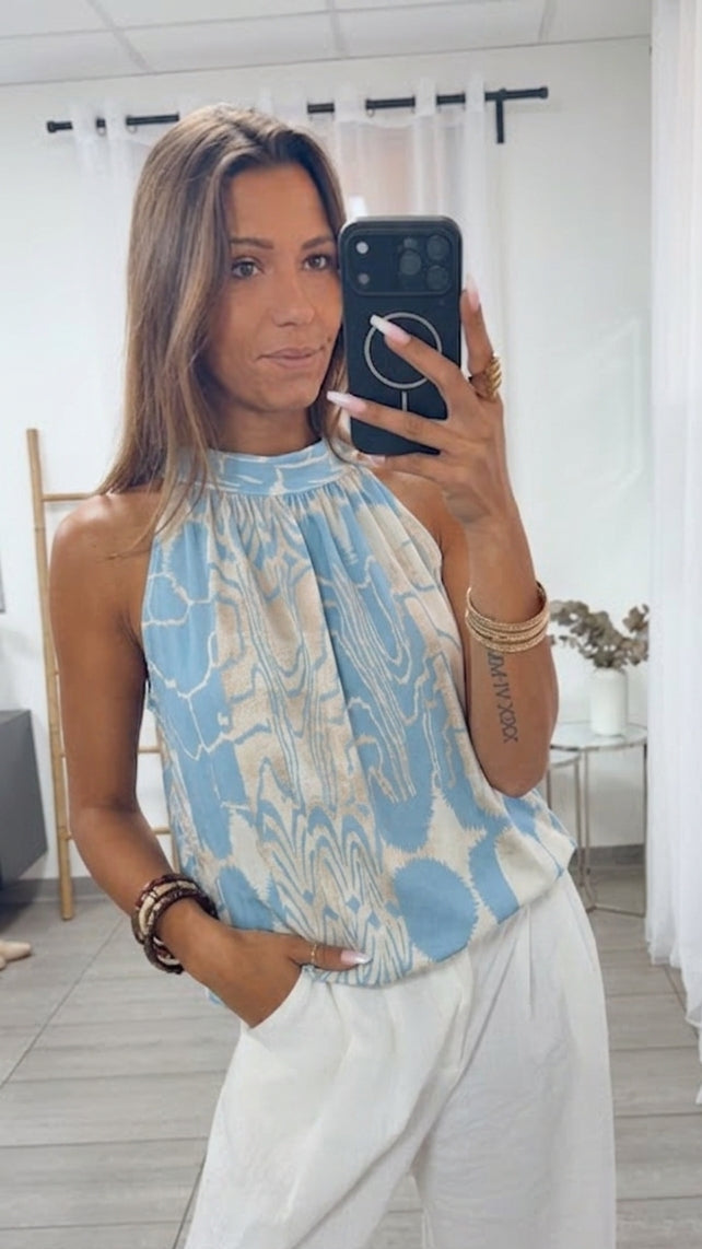 SOFT GRAPHIC ärmelloses Top / weiss - hell blau Art. 15723