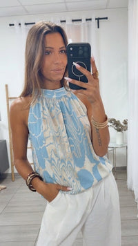 SOFT GRAPHIC ärmelloses Top / weiss - hell blau Art. 15723