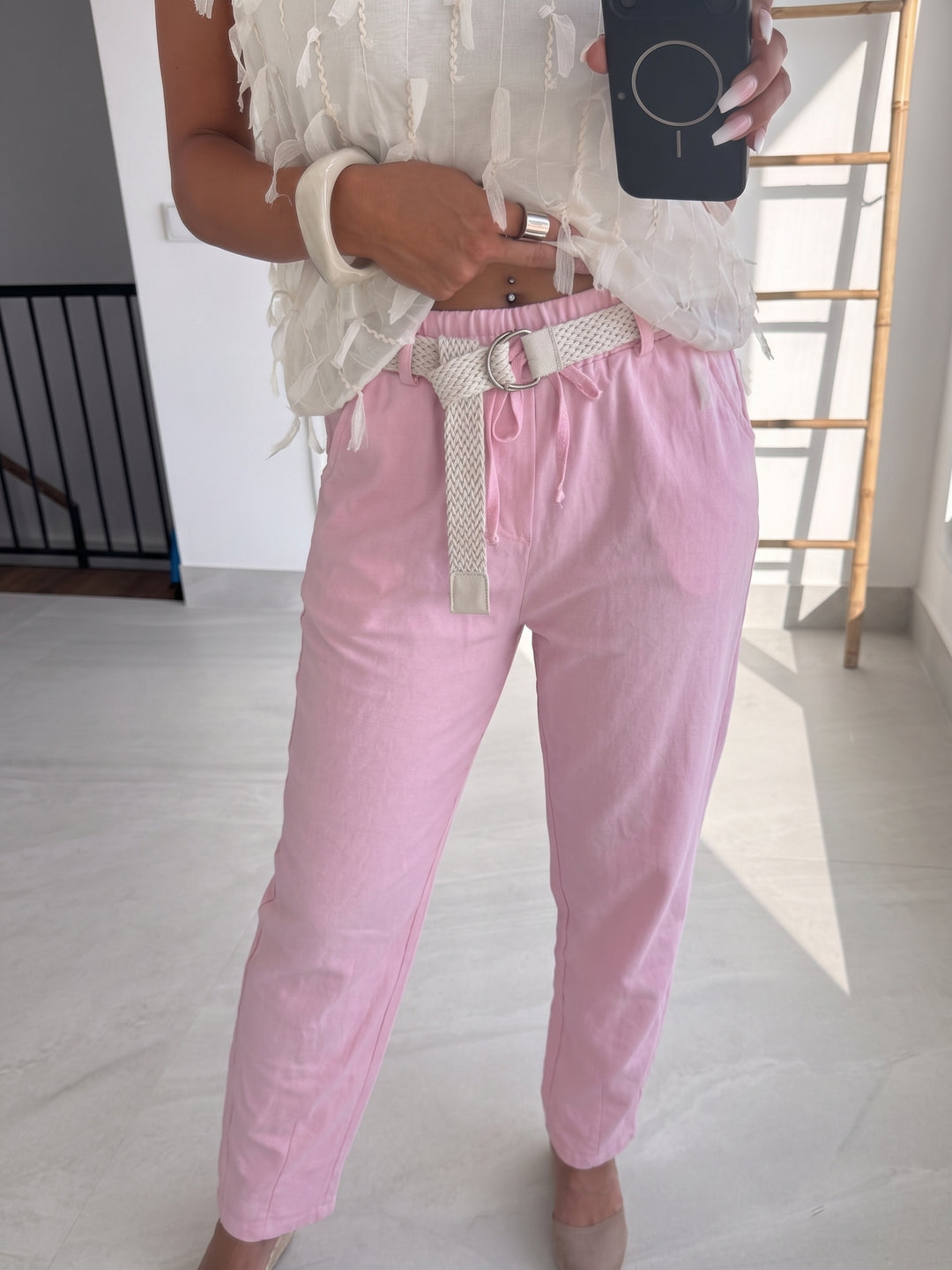 lange Sweat Hose mit geflochtenem Gürtel / soft rosa Art. 15855