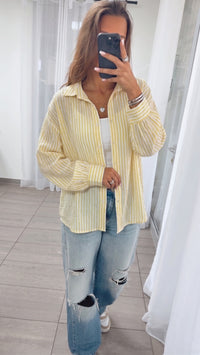 STREIFEN KURZE Lyocell Oversize Bluse / soft gelb - weiss Art. 15569