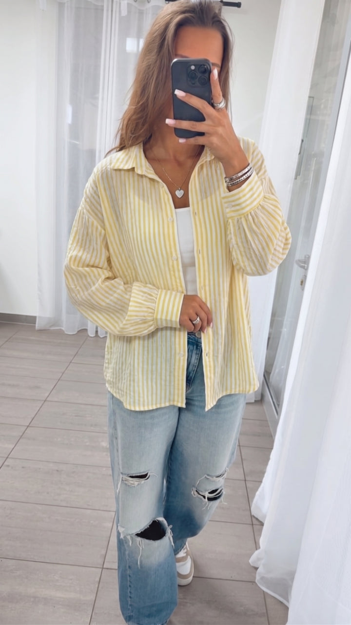 STREIFEN KURZE Lyocell Oversize Bluse / soft gelb - weiss Art. 15569