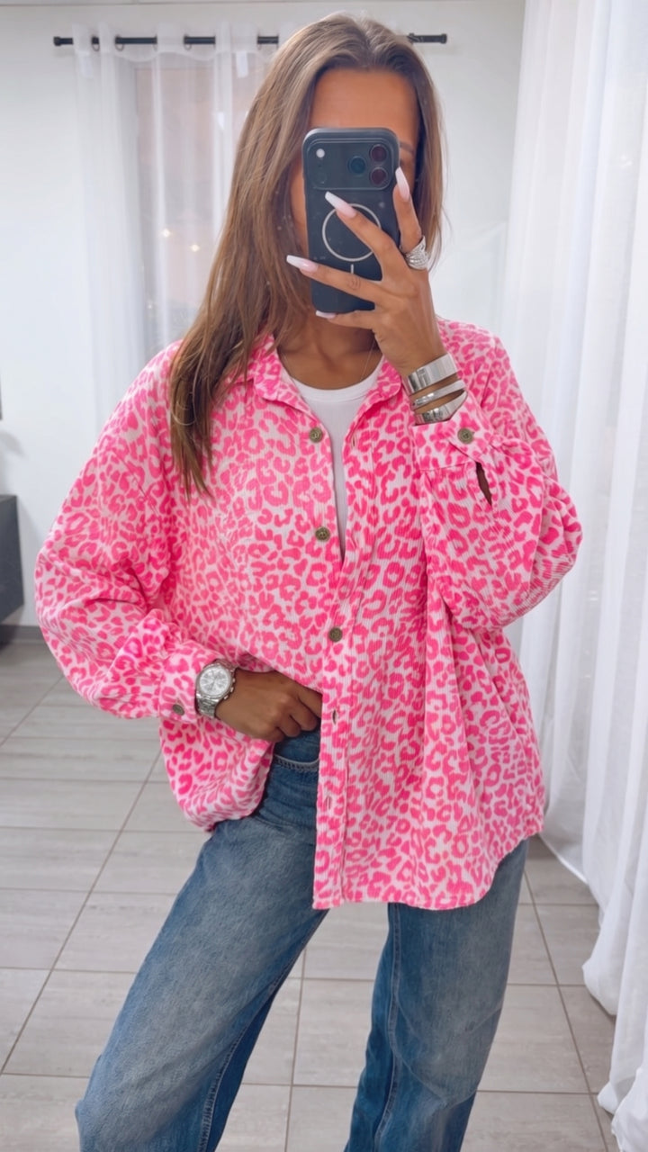 LEO KURZE Oversize Musselin Bluse / weiss - neon pink Art. 13763