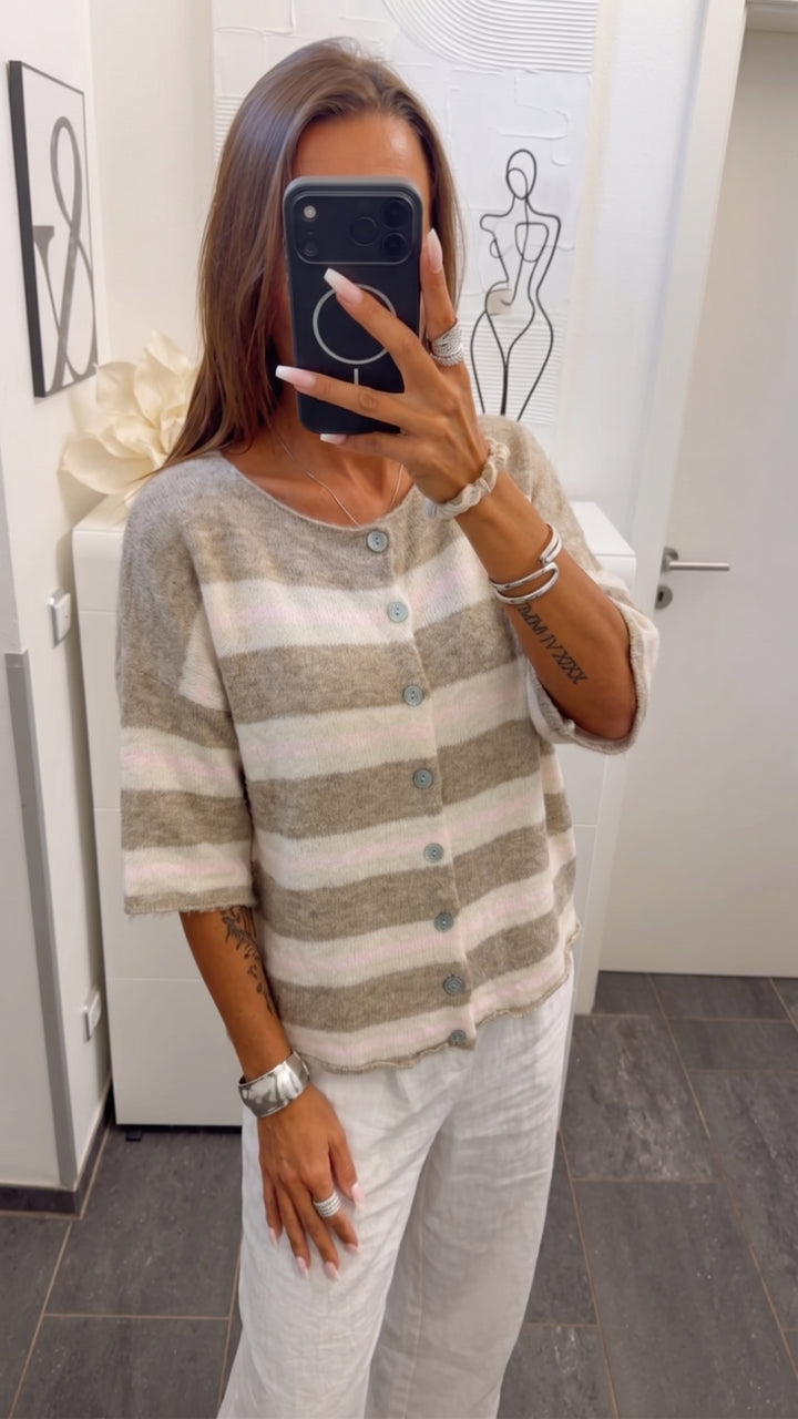 KURZE ARME STREIFEN Strick Oberteil mit Knopfleiste / beige - creme - rosa Art. 16128