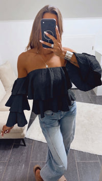 Musselin Off-Shoulder Oberteil, Volant / schwarz Art. 15660