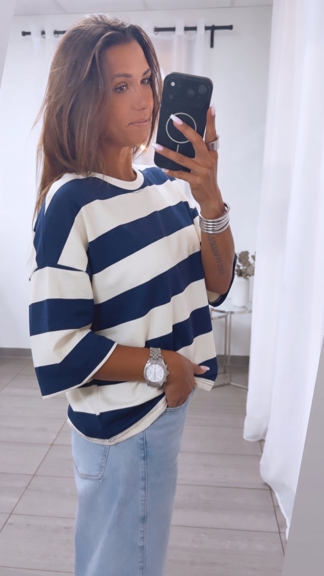 Oversize Butterstoff Shirt mit STREIFEN / weiss - marine blau Art. 15886
