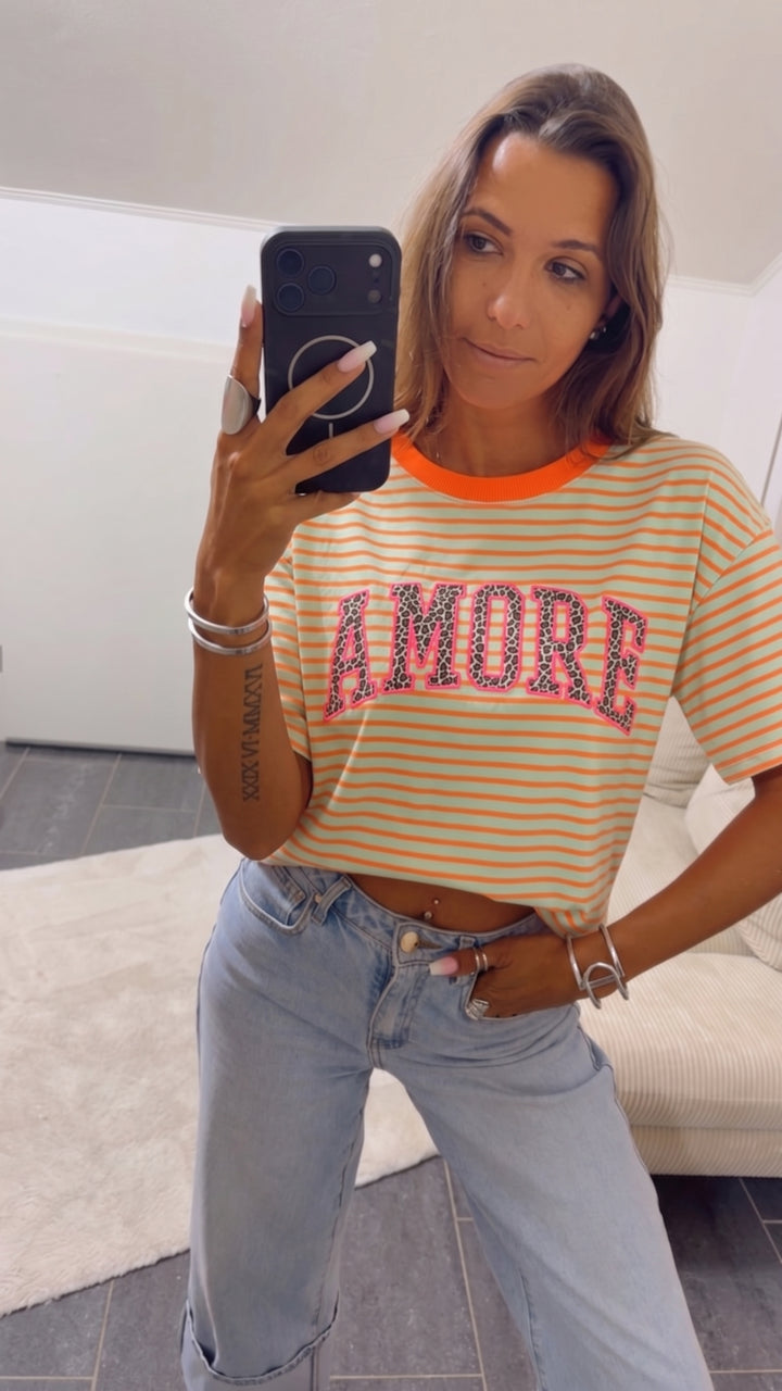 STREIFEN Shirt " Leo AMORE " / soft grün - neon orange Art. 15811