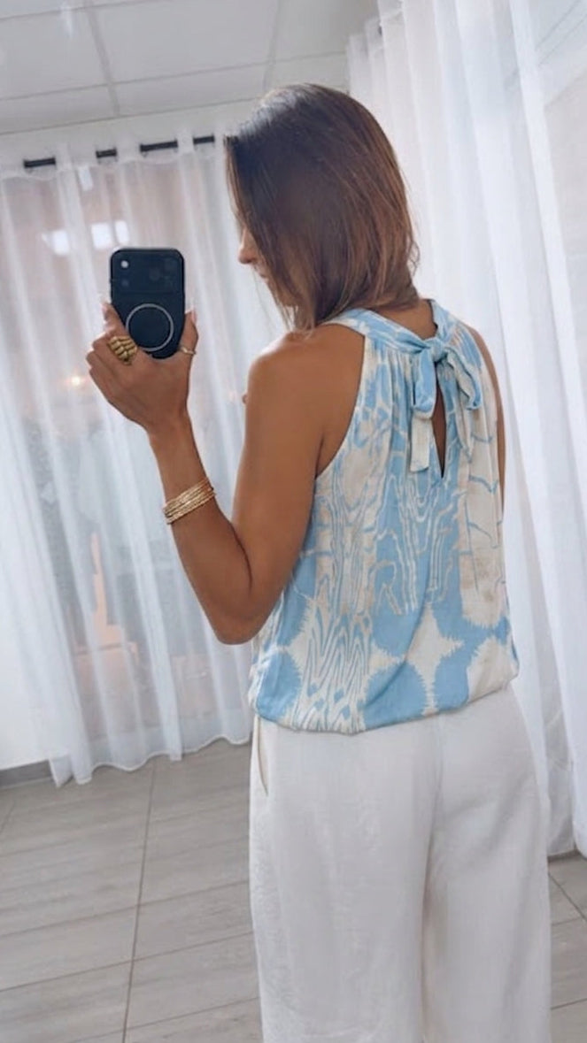 SOFT GRAPHIC ärmelloses Top / weiss - hell blau Art. 15723