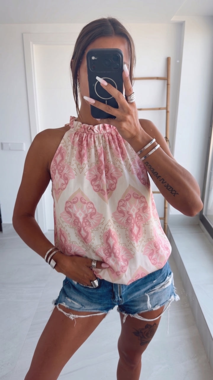 ROMANTIK Print ärmelloses Top / creme - pink - beere - beige Art. 15434