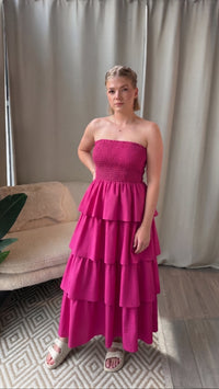 Maxi Volant Kleid, Smok Bandeau Oberteil / pink Art. 16049