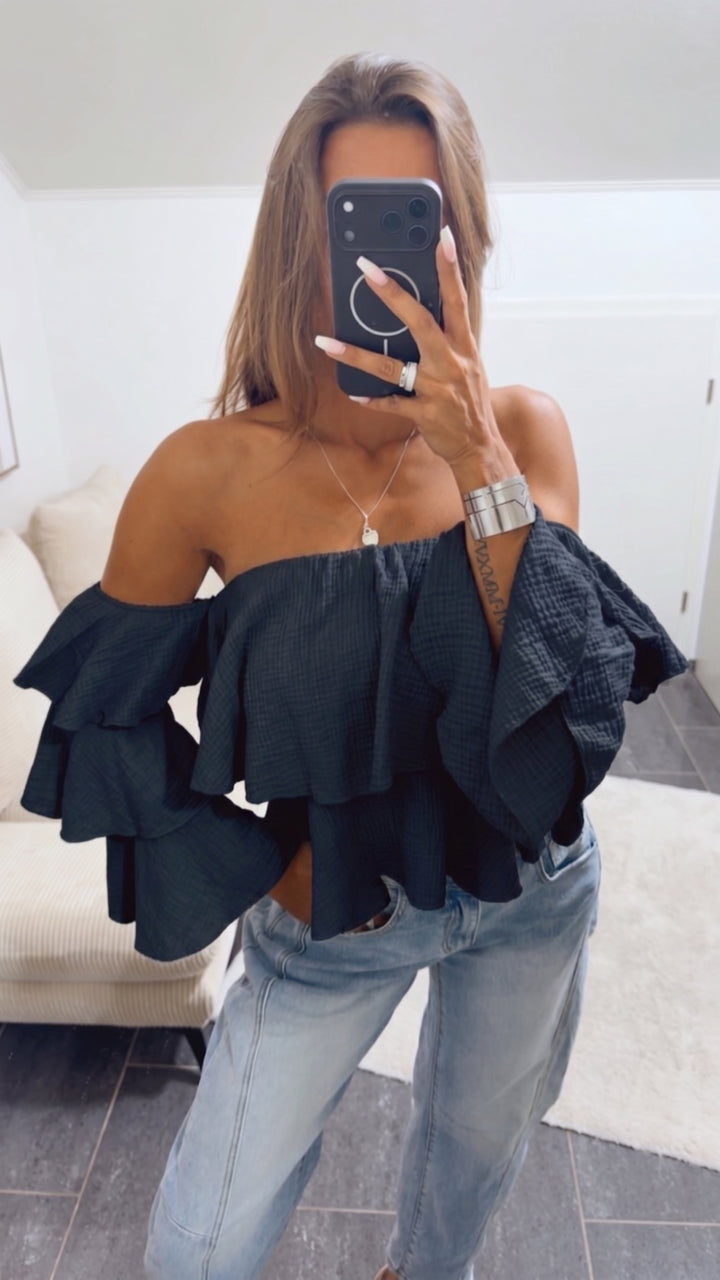 Musselin Off-Shoulder Oberteil, Volant / schwarz Art. 15660