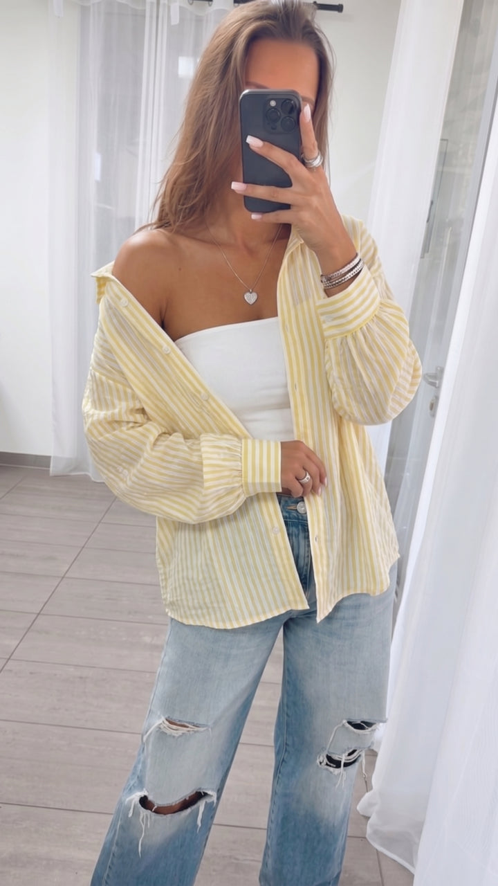 STREIFEN KURZE Lyocell Oversize Bluse / soft gelb - weiss Art. 15569
