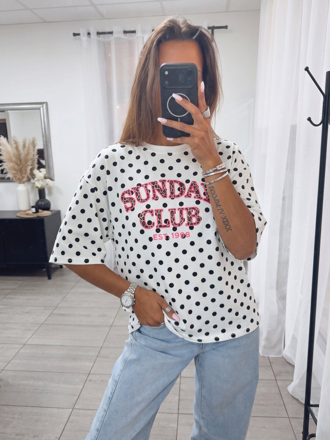 PUNKTE Shirt " Sunday Club " / weiss - schwarz - soft rosa Art. 15842