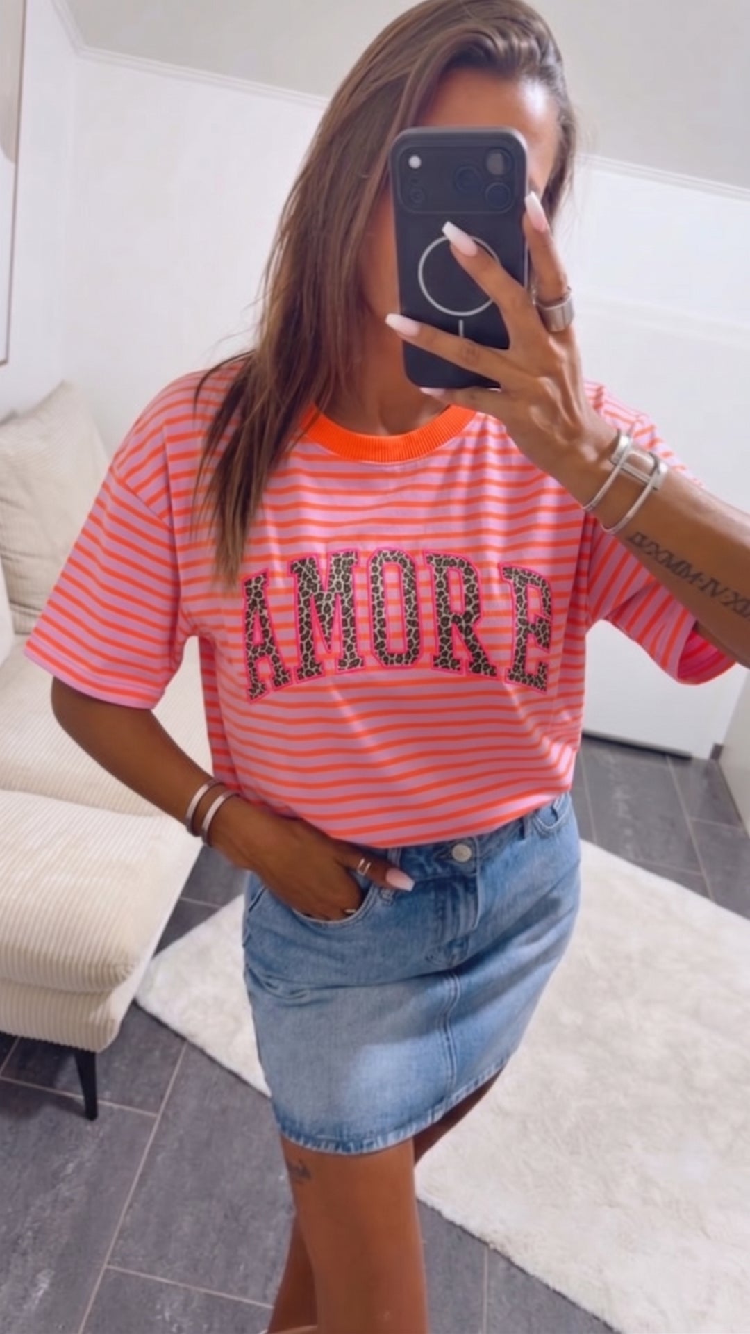 STREIFEN Shirt " Leo AMORE " / rosa - neon orange Art. 15810