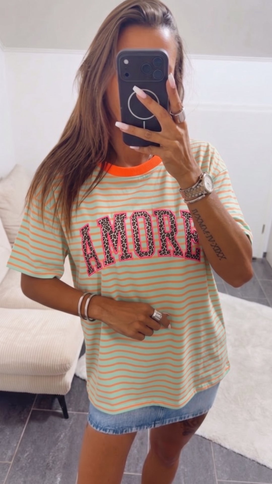 STREIFEN Shirt " Leo AMORE " / soft grün - neon orange Art. 15811