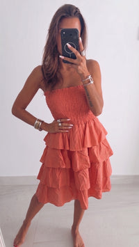 Kurzes Volant Kleid, Smok Bandeau Oberteil / coral Art. 16066