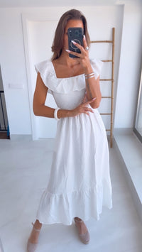 Off-Shoulder Volant Kleid mit gerafften Details / weiß Art.15174